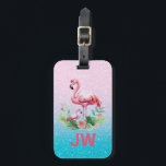 Étiquette À Bagage Flamant rose rose mignon sur Arrière - plan de Gli<br><div class="desc">Illustration de l'aquarelle des flamants roses mignons sur arrière - plan rose et bleu glittery.</div>
