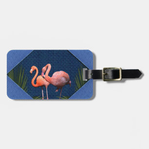 Étiquette À Bagage Flamants roses sur tissu bleu classique