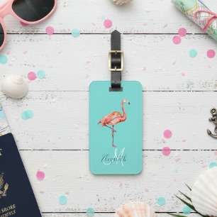 Étiquette À Bagage Flamingo Turquoise  Été Tendance Monogramme Bagage