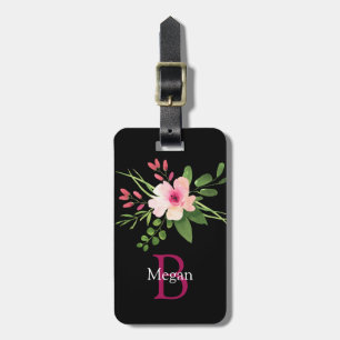 Étiquette À Bagage Fleur aquarelle, nom & monogramme, infos