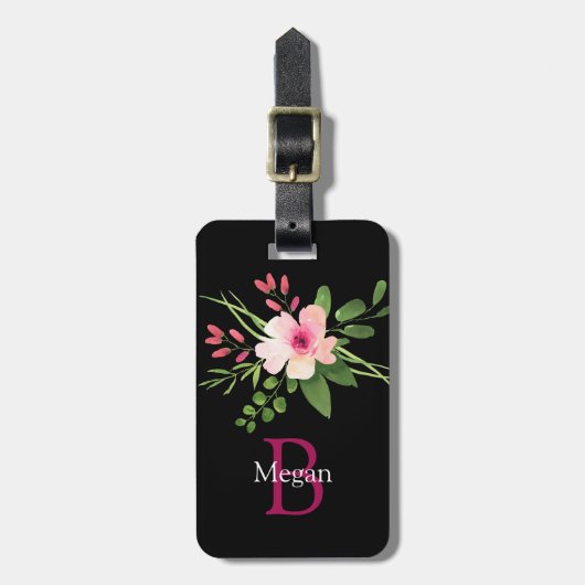 Étiquette À Bagage Fleur aquarelle, nom & monogramme, infos (Devant Vertical)