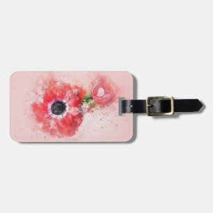 Étiquette À Bagage Fleur aquarelle rose avec bouton floral