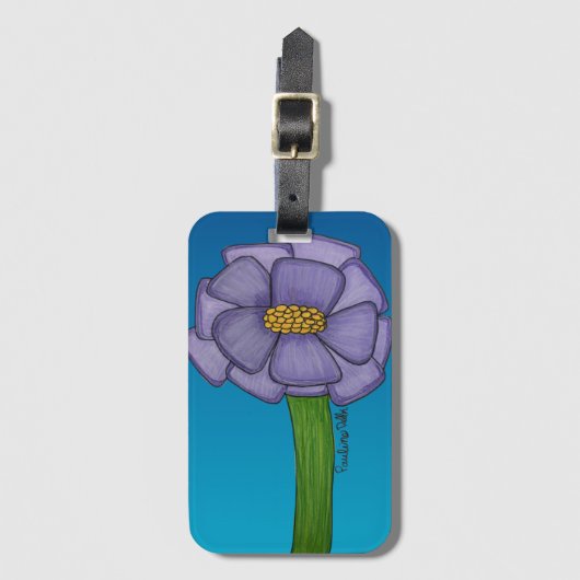 Étiquette À Bagage Fleur carrée violette sur fond bleu (Devant Vertical)