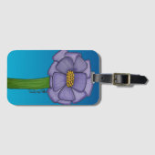 Étiquette À Bagage Fleur carrée violette sur fond bleu (Devant Horizontal)