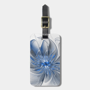 Étiquette À Bagage Fleur d'art fractal à l'aquarelle bleue grise abst