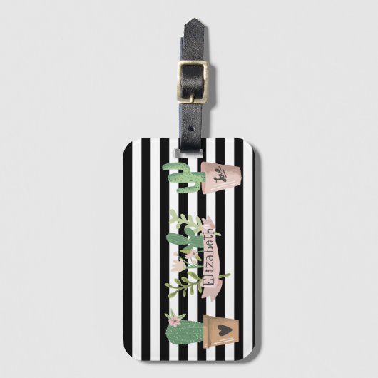 Étiquette À Bagage Fleur de cactus Blancs noirs (Devant Vertical)