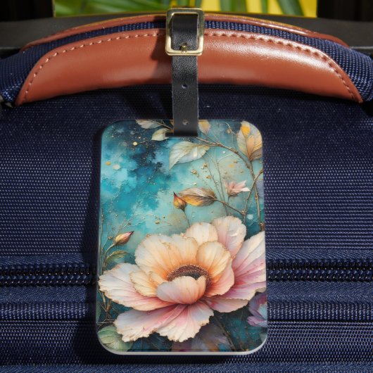 Étiquette À Bagage Fleur de Cosmos Abricot sur fond sarcelle (Insitu Rectoal 2)