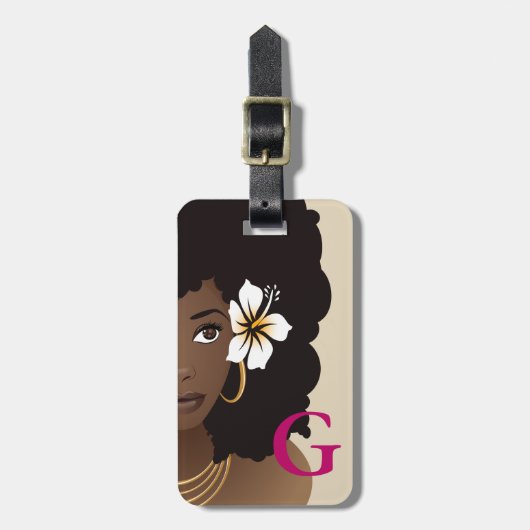 Étiquette À Bagage Fleur de femme noire dans les cheveux, Monogramme, (Devant Vertical)