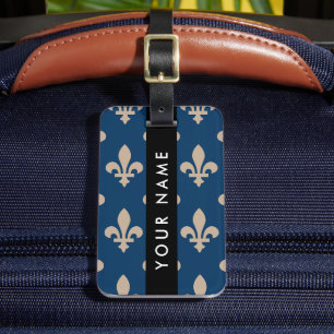 Étiquette À Bagage Fleur de Lis, Beige sur Bleu Nuit, Royal, Votre No