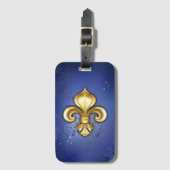 Étiquette À Bagage Fleur de lis dorée sur fond bleu (Devant Vertical)