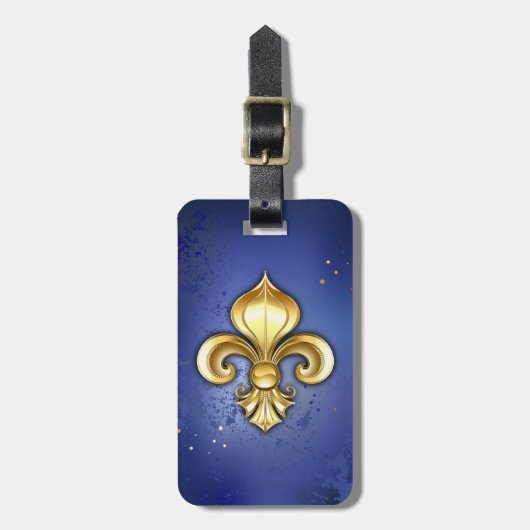 Étiquette À Bagage Fleur de Lis dorée sur fond bleu (Devant Vertical)