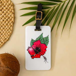 Étiquette À Bagage Fleur d'Hibiscus Rouge Tropical avec Feuilles Vert