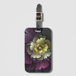 Étiquette À Bagage Fleur fractale grise et pourpre moderne abstraite