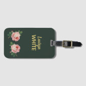 Étiquette À Bagage Fleur rose et feuilles sur vert foncé (Devant Horizontal)