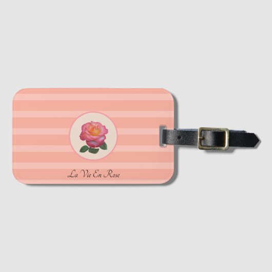Étiquette À Bagage Fleur Rose mignonne sur Coral rose rayé (Devant Horizontal)