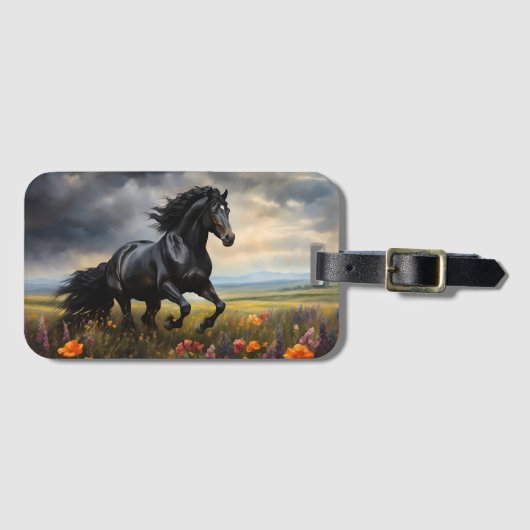 Étiquette À Bagage Fleur sauvage de la Galloping du cheval friésien (Devant Horizontal)
