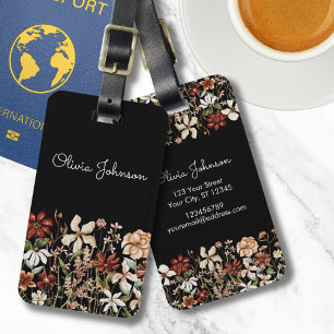 Étiquette À Bagage Fleur sauvage vintage aquarelle personnalisée noir