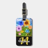 Étiquette À Bagage Fleurs à l'aquarelle | Initiale monogramme noir et (Devant Vertical)