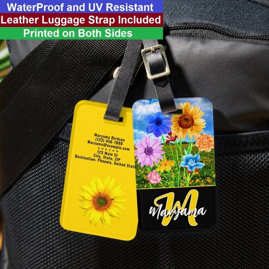Étiquette À Bagage Fleurs à l'aquarelle | Initiale monogramme noir et