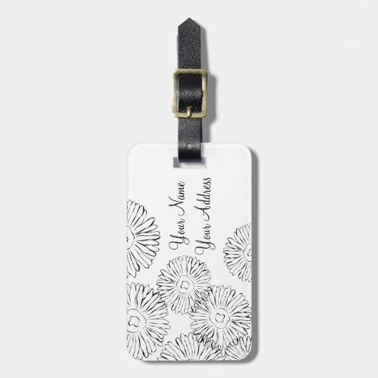 Étiquette À Bagage Fleurs abstraites de printemps noir et blanc (Devant Vertical)