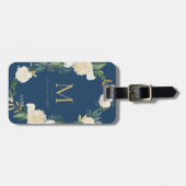 Étiquette À Bagage Fleurs aquarelles avec huile d'or Monogramme bleu (Devant horizontal)