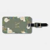 Étiquette À Bagage Fleurs aquarelles avec huile d'or Monogramme vert (Devant horizontal)