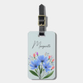 Étiquette À Bagage Fleurs aquarelles florales bleues Nom de script fé (Devant Vertical)