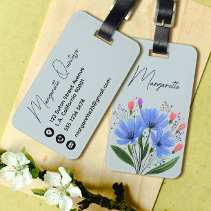 Étiquette À Bagage Fleurs aquarelles florales bleues Nom de script fé