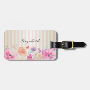 Étiquette À Bagage Fleurs aquarelles rayées Cool