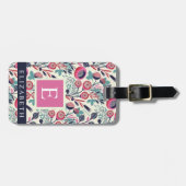 Étiquette À Bagage Fleurs blanches florales customisées bleu rose (Devant horizontal)