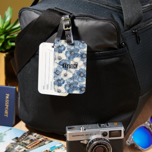 Étiquette À Bagage Fleurs bleues de Denim blanc (Recto & Verso)