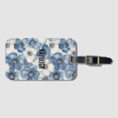 Étiquette À Bagage Fleurs bleues de Denim blanc (Devant Horizontal)