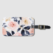 Étiquette À Bagage Fleurs Chic Bleu Rose (Devant Horizontal)