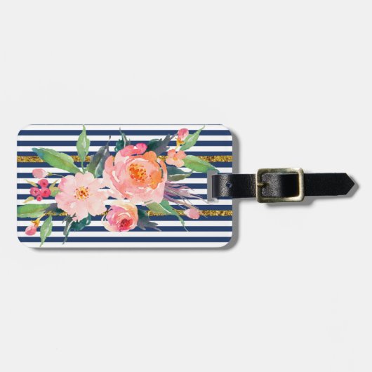 Étiquette À Bagage Fleurs Chic Moderne Féminin -Rayures (Devant horizontal)
