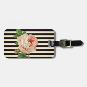 Étiquette À Bagage Fleurs Chic Moderne Féminin ,Rayures Noir et Blanc