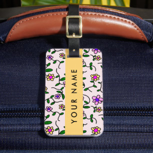 Étiquette À Bagage Fleurs Colorées, Fond Rose, Jaune