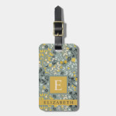 Étiquette À Bagage Fleurs customisées gris vert floral bleu jaune (Devant Vertical)