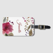Étiquette À Bagage Fleurs d'aquarelle modernes Bourgogne et vert (Devant Horizontal)
