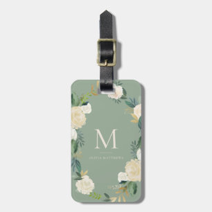 Étiquette À Bagage Fleurs d'aquarelle or huile Monogramme Sage Vert