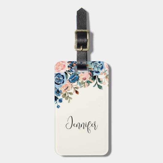 Étiquette À Bagage Fleurs d'aquarelle rose et bleu (Devant Vertical)