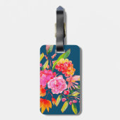Étiquette À Bagage Fleurs d'aquarelle rose et orange Nom de marine (Dos Vertical)