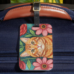 Étiquette À Bagage Fleurs d'art populaire de chat orange