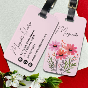 Étiquette À Bagage Fleurs de aquarelle florale rose et rouge écriture