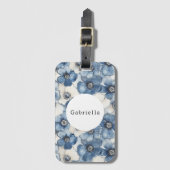 Étiquette À Bagage Fleurs de Denim Bleu Blanc (Devant Vertical)