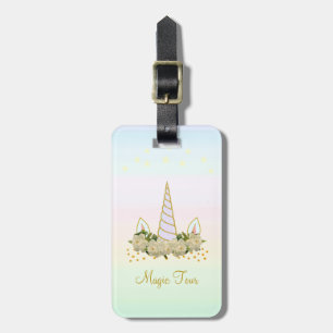 Étiquette À Bagage Fleurs de Licorne, Paillettes Dorées & Étoiles sur