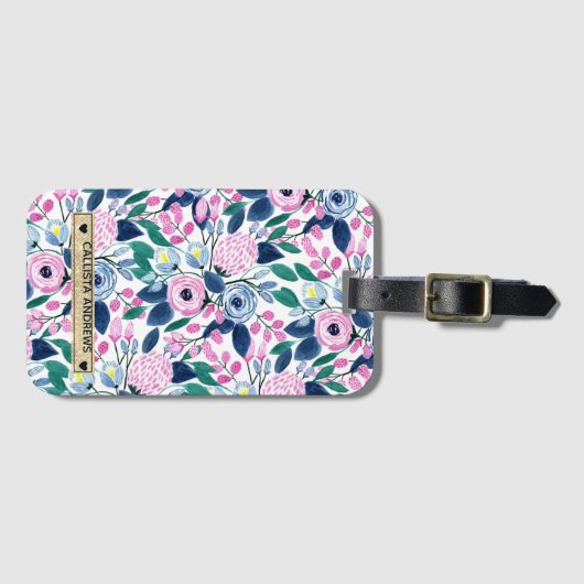 Étiquette À Bagage Fleurs de marine rose douce Aquarelle or Monogramm (Devant Horizontal)