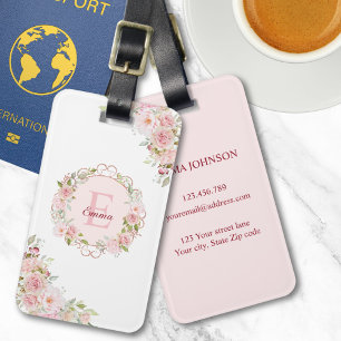 Étiquette À Bagage Fleurs de rose rose poudré en aquarelle à monogram