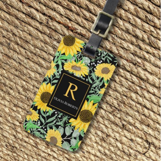 Étiquette À Bagage Fleurs de soleil d'aquarelle sur le Monogramme noi