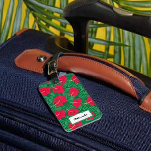 Étiquette À Bagage Fleurs d'Hibiscus rouges sur Feuilles tropicaux su