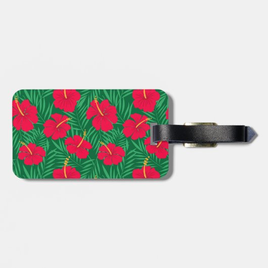 Étiquette À Bagage Fleurs d'Hibiscus rouges sur Feuilles tropicaux su (Dos horizontal)